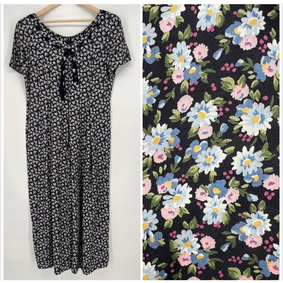 Vtg 90s Robbie Bee Ditsy Floral Jumpsuit Womens 16 Navy Multicolored Wide Leg - Picture 1 of 13